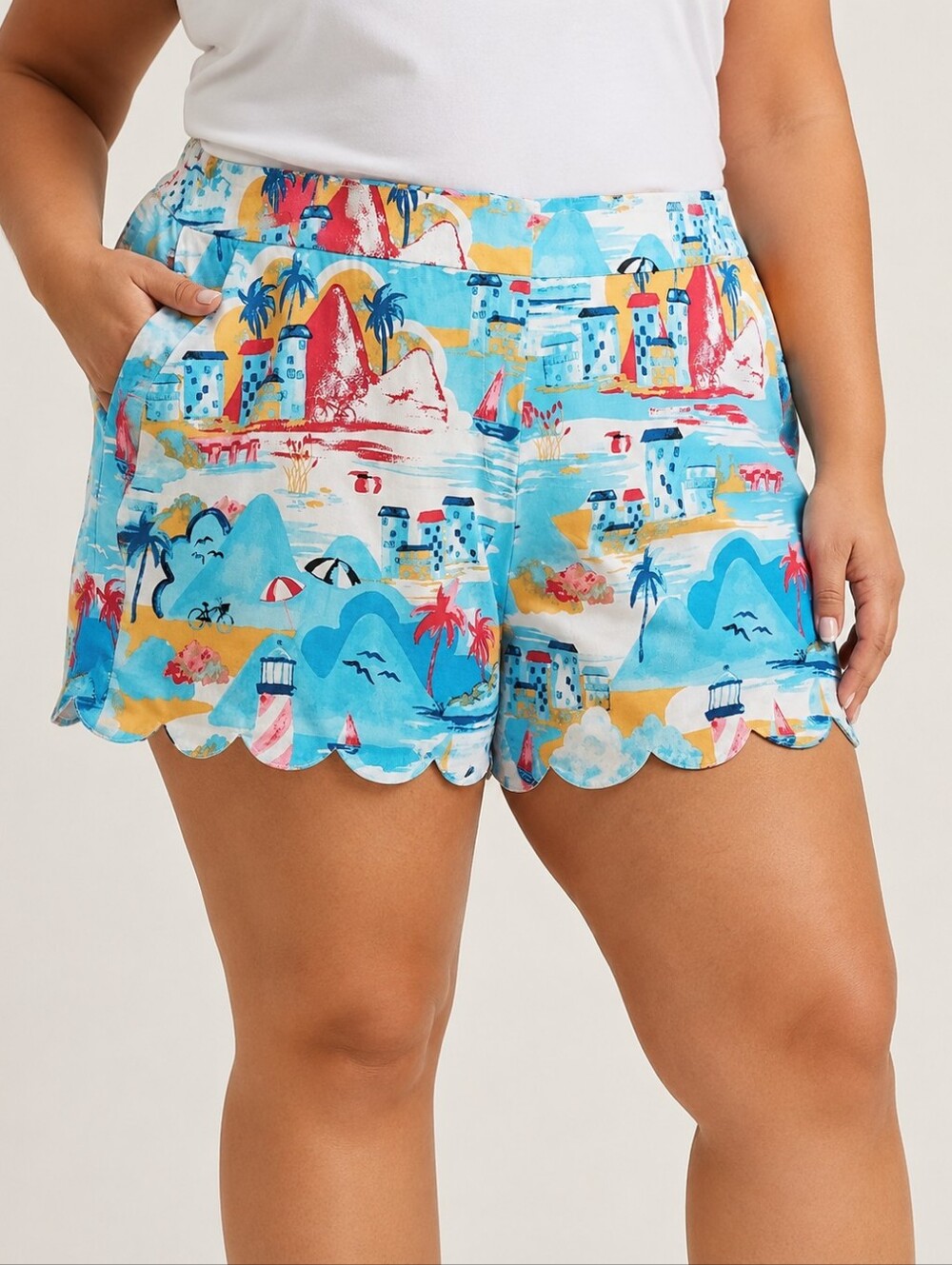 Cotton Shorts Tropical Print Scalloped Hem